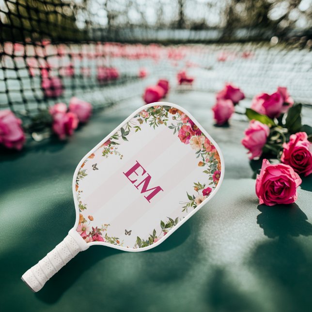 Mit Monogramm rosa Streifen und Blumen Pickleball Schläger (Floral Pickleball Paddle
)