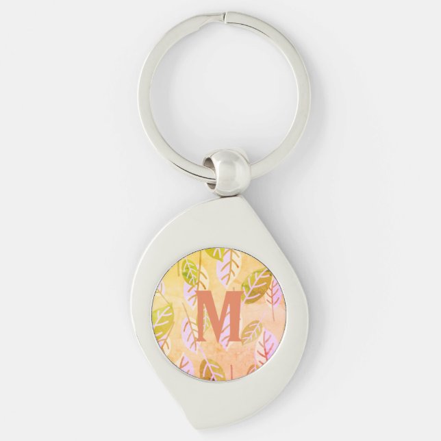 Mit Monogramm Rosa und Abstrakte Blätter Schlüssel Schlüsselanhänger (Vorderseite)