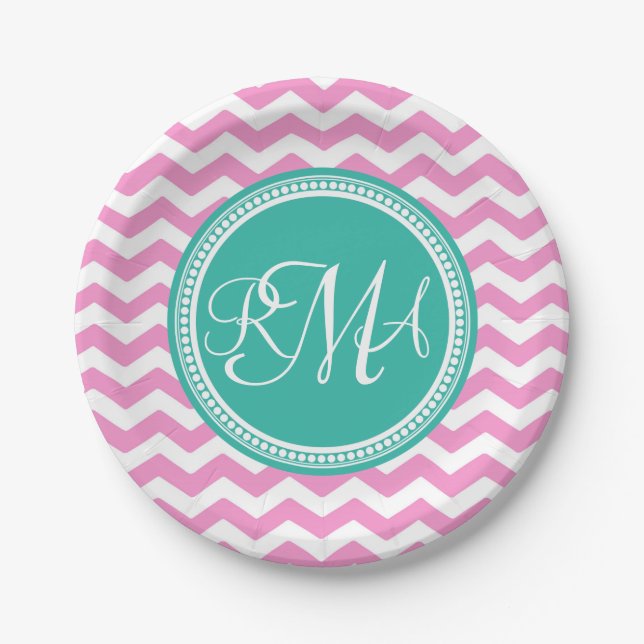 Mit Monogramm Rosa und Aquamarine Zickzack Benutze Pappteller (Vorderseite)