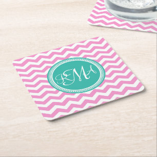 Mit Monogramm Rosa und Aquamarine Zickzack Benutze Rechteckiger Pappuntersetzer