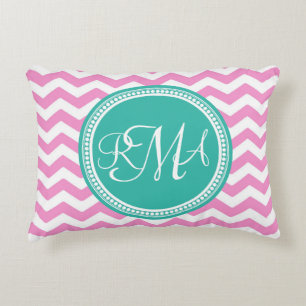 Mit Monogramm rosa und aquamarine Zickzack Dekokissen