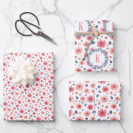Mit Monogramm rosa und blaue Blüten Geschenkpapier Set