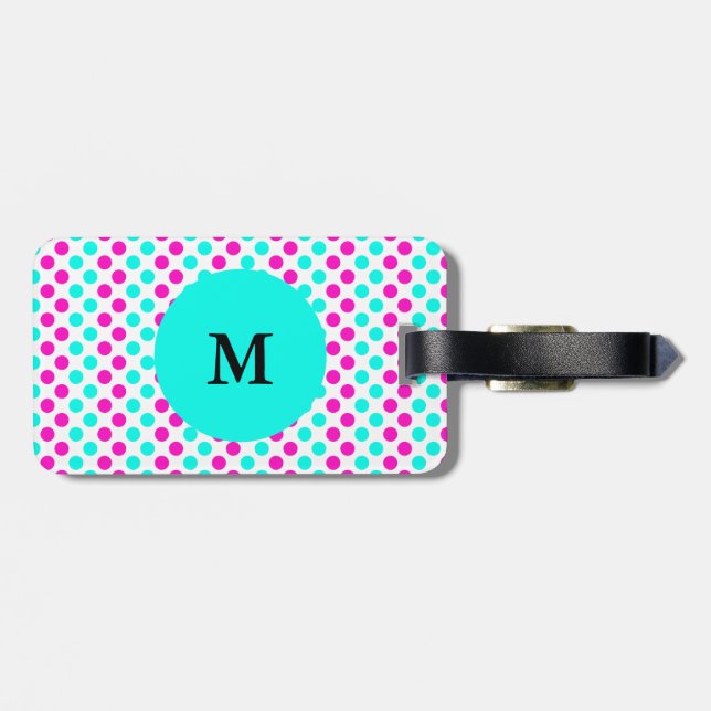 Mit Monogramm rosa und blaue Polka-Punkte Gepäckanhänger (Rückseite horizontal)
