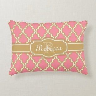Mit Monogramm rosa und goldenes Gittermuster Zierkissen