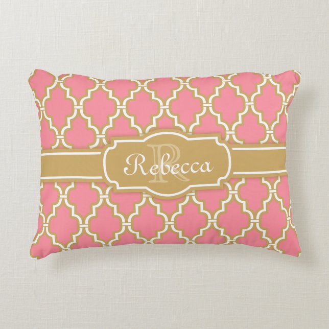Mit Monogramm rosa und goldenes Gittermuster Zierkissen (Vorderseite)