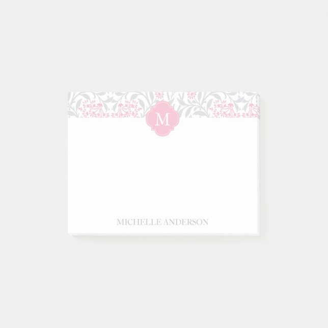 Mit Monogramm rosa und grauer Blumendamast Post-it Klebezettel (Vorderseite)
