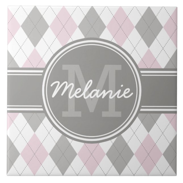 Mit Monogramm rosa und graues Raute Muster Fliese (Vorderseite)