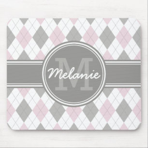 Mit Monogramm rosa und graues Raute Muster Mousepad