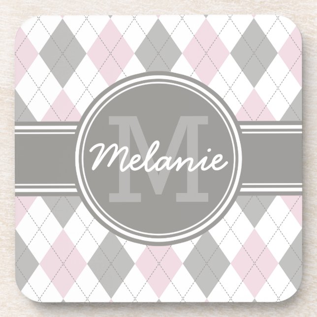 Mit Monogramm rosa und graues Raute Muster Untersetzer (Vorderseite)