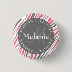 Mit Monogramm rosa und graues Zebra-Muster Button