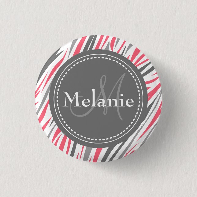 Mit Monogramm rosa und graues Zebra-Muster Button (Vorderseite)