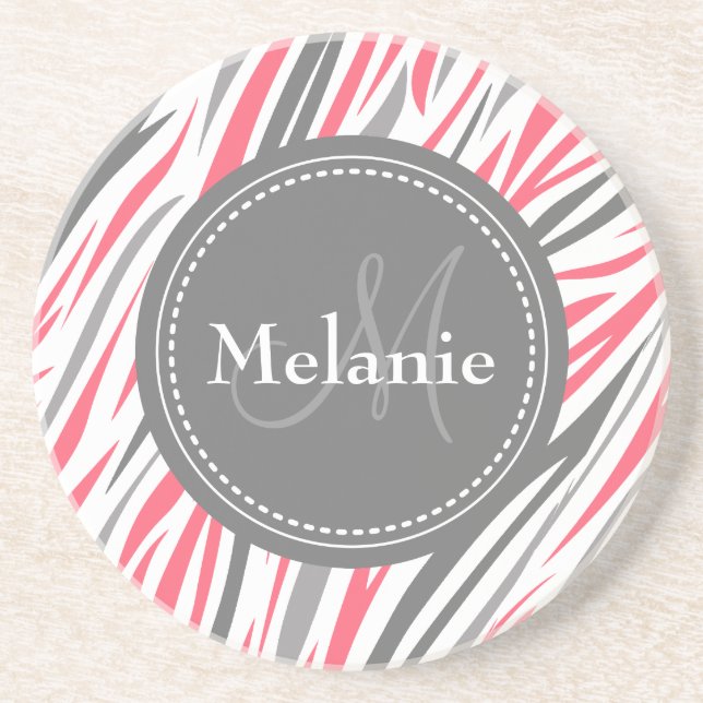 Mit Monogramm rosa und graues Zebra-Muster Getränkeuntersetzer (Vorne)