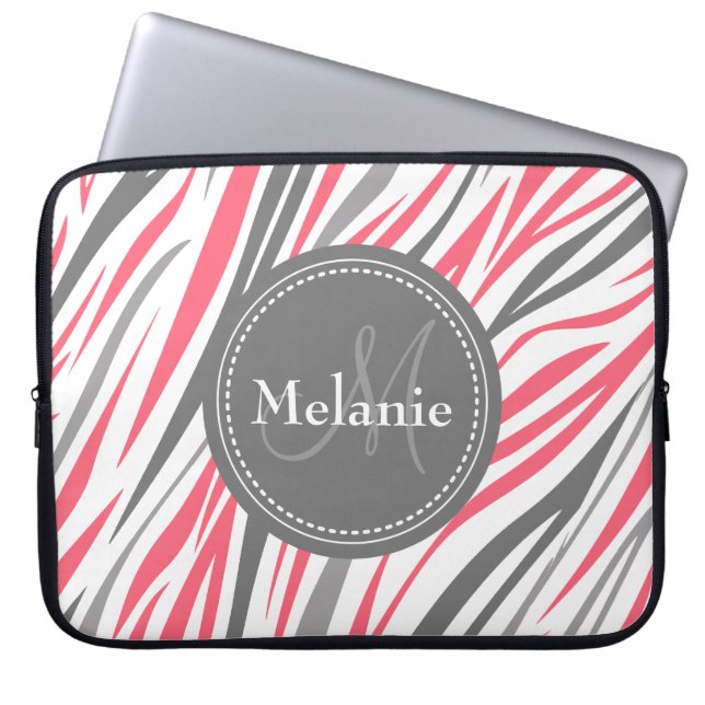 Mit Monogramm rosa und graues Zebra-Muster Laptopschutzhülle (Vorderseite)