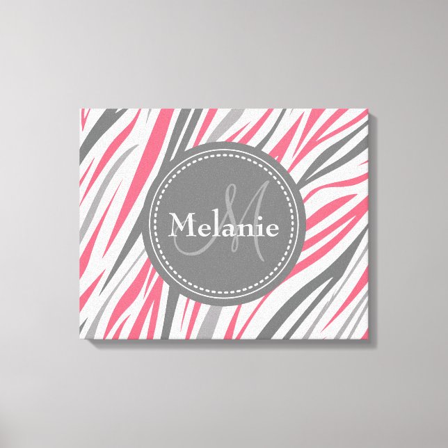Mit Monogramm rosa und graues Zebra-Muster Leinwanddruck (Vorderseite)