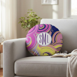 Mit Monogramm rosa und Lila Abstrakt Rundes Kissen
