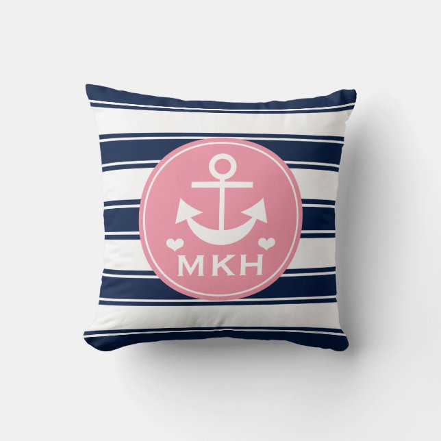 Mit Monogramm Rosa-und Marine-Blau-Anker Kissen (Vorderseite)