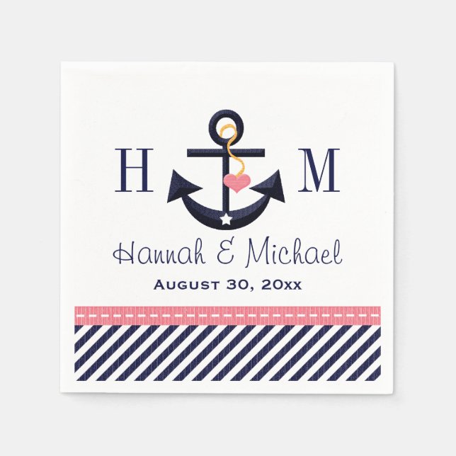 Mit Monogramm Rosa- und Navy-Anchor-Hochzeit Serviette (Vorderseite)