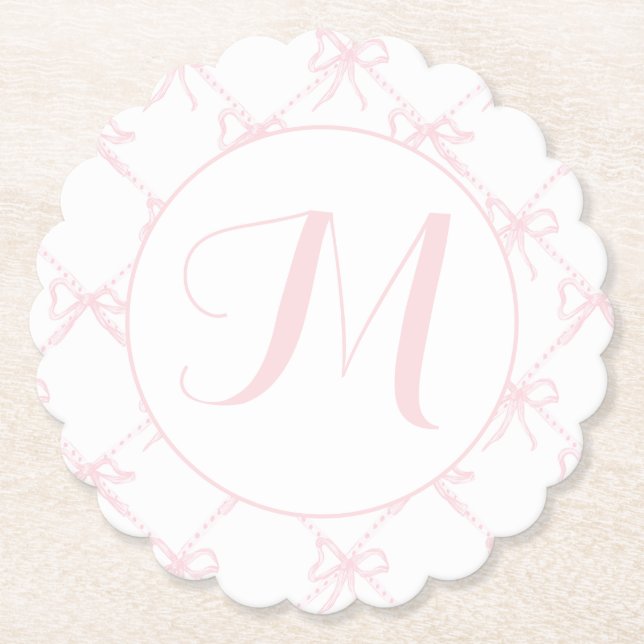 Mit Monogramm, rosa und weiße Schleife, rosa, rosa Untersetzer (Vorderseite)