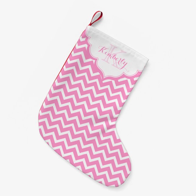 Mit Monogramm Rosa und weiße Zigzag Zickzack Kleiner Weihnachtsstrumpf (Vorderansicht (hängend))