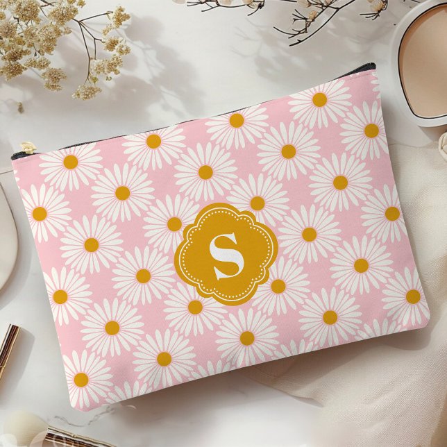 Mit Monogramm rosa und weißes Daisy-Muster Zubehörtasche (Von Creator hochgeladen)