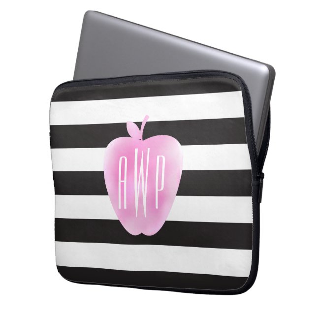 Mit Monogramm rosa Watercolor Apple + Streifen Laptopschutzhülle (Vorderseite Links)