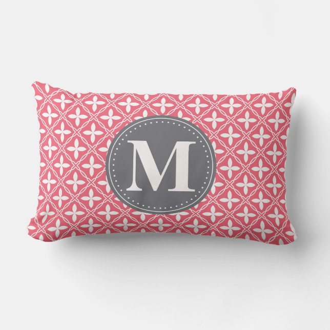 Mit Monogramm rosa, weißes, florales Gittermuster Lendenkissen (Vorderseite)