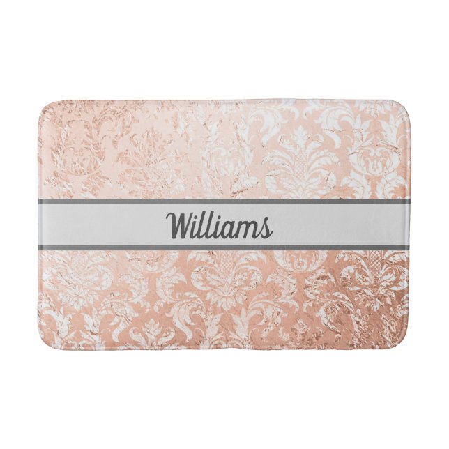 Mit Monogramm Rose Gold Damask Badematte (Vorderseite)