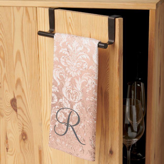 Mit Monogramm Rose Gold Damask Geschirrtuch (Drittel gefaltet)