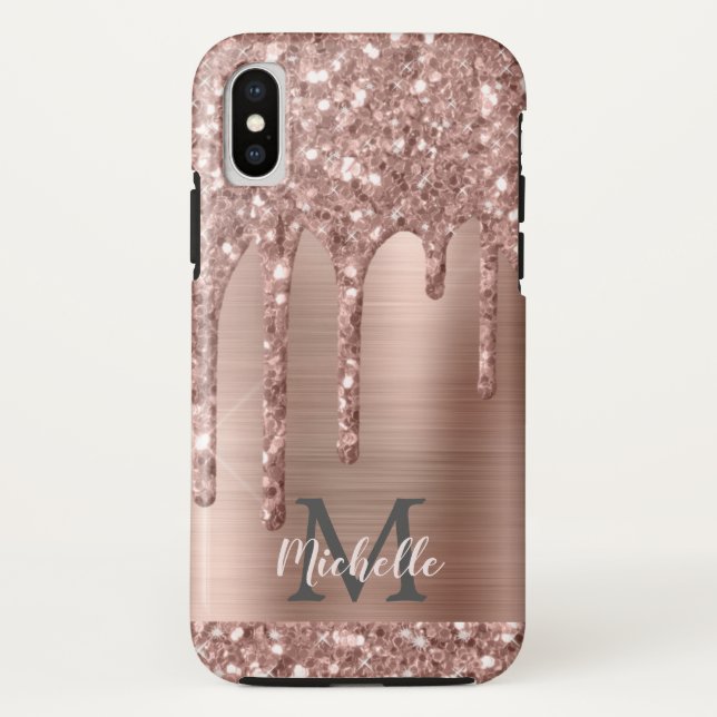 Mit Monogramm Rose Gold Glitzer Tropfen auf rosa M Case-Mate iPhone Hülle (Rückseite)