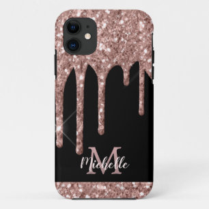 Mit Monogramm Rose Gold Glitzer Tropfen auf Schwar Case-Mate iPhone Hülle