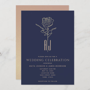 Mit Monogramm Rose Gold Navy Blue Wedding Einladung