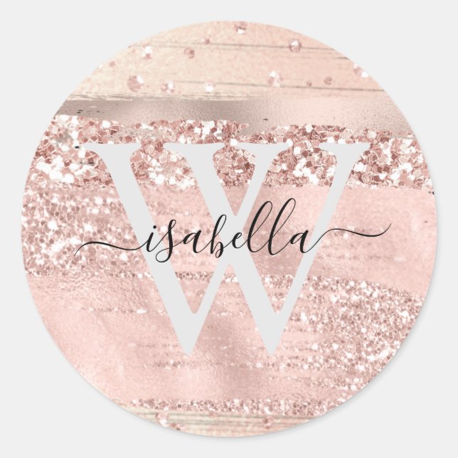 Mit Monogramm Rose Gold Pinselstriche Glitzer Skri Runder Aufkleber (Vorderseite)
