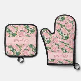 Mit Monogramm Rosen und Monstera Ofenhandschuh & Topflappen-Set