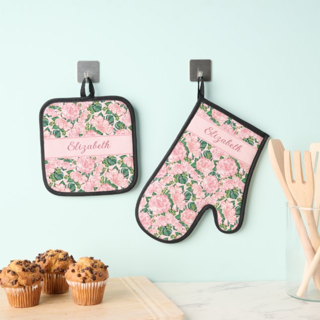 Mit Monogramm Rosen und Monstera Ofenhandschuh & Topflappen-Set (Insitu (Hängend))