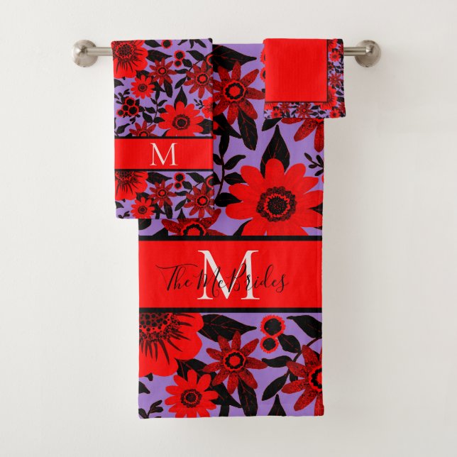 Mit Monogramm Rot, Schwarz und Lila Dschungel Badhandtuch Set (Insitu)