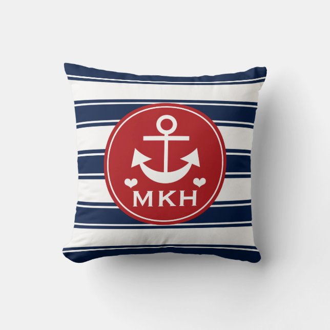 Mit Monogramm Rot-und Marine-Blau-Anker Kissen (Vorderseite)