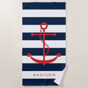 Mit Monogramm roter Anker auf Marinestreifen Strandtuch