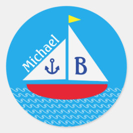 Mit Monogramm Rotes Sailboat Marine Blaues Meer Runder Aufkleber
