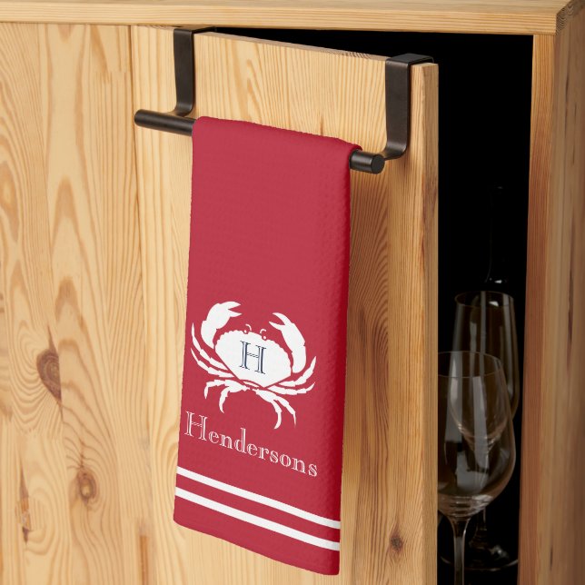 Mit Monogramm Rotes Weiß Krab Kochnische Handtuch (Drittel gefaltet)