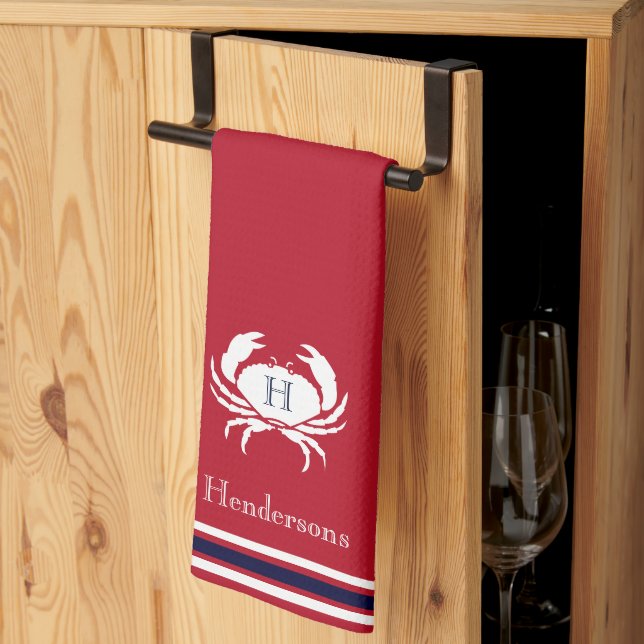 Mit Monogramm Rotes Weiß Krab Kochnische Handtuch (Drittel gefaltet)