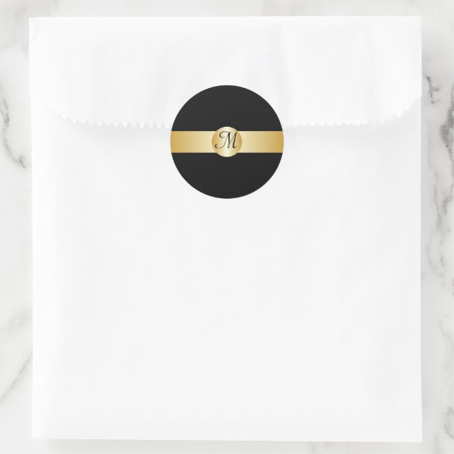 Mit Monogramm Rundaufkleber für Schwarz und Gold Runder Aufkleber (Tasche)