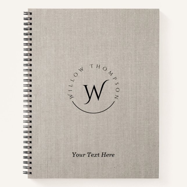 Mit Monogramm Rustikale Beige Linen Elegantes Skri Notizbuch (Vorderseite)
