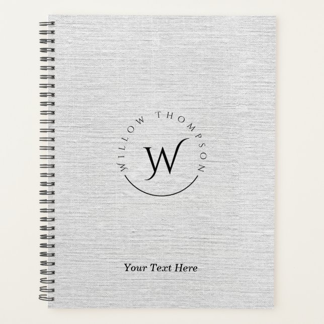 Mit Monogramm Rustikale Gray Linen Elegantes Skrip Planer (Vorderseite)
