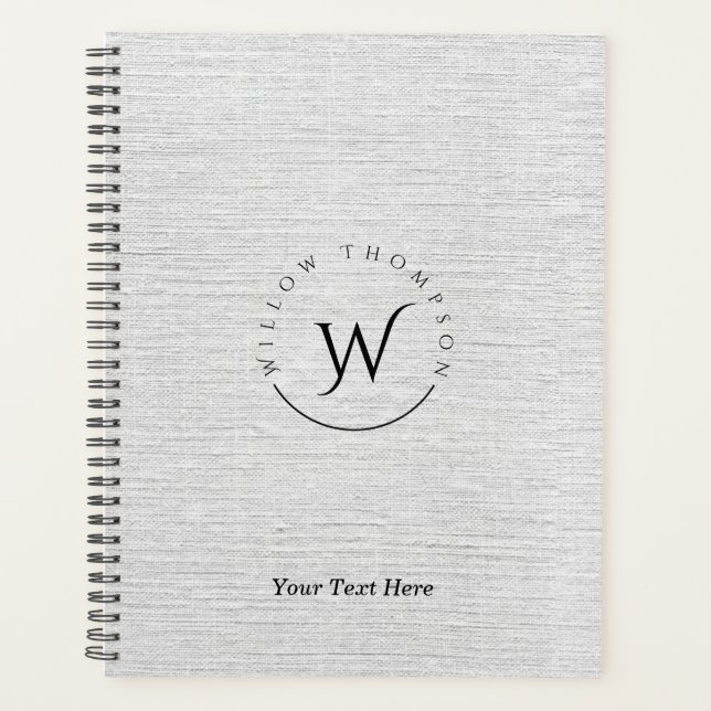 Mit Monogramm Rustikale Gray Linen Elegantes Skrip Planer (Vorderseite)