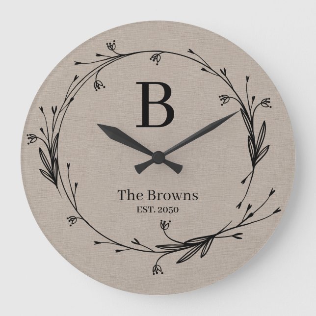 Mit Monogramm Rustikale Wildblume Elegant Große Wanduhr (Vorderseite)