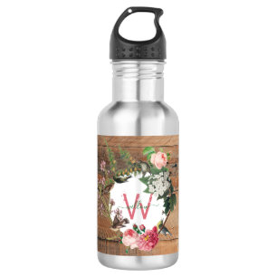 Mit Monogramm Rustikales Holz Vintage Blume Edelstahlflasche