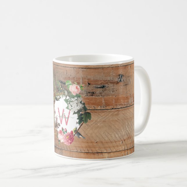 Mit Monogramm Rustikales Holz Vintage Blume Kaffeetasse (VorderseiteRechts)