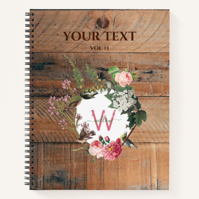 Mit Monogramm Rustikales Holz Vintage Blume Notizbuch (Vorderseite)