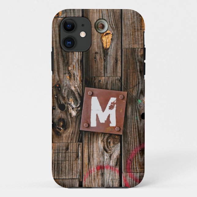 Mit Monogramm rustikales Holzmuster Case-Mate iPhone Hülle (Rückseite)