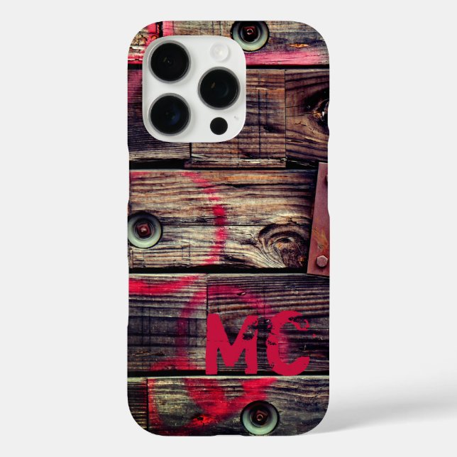 Mit Monogramm rustikales Holzmuster iPhone 16 Pro Hülle (Rückseite)